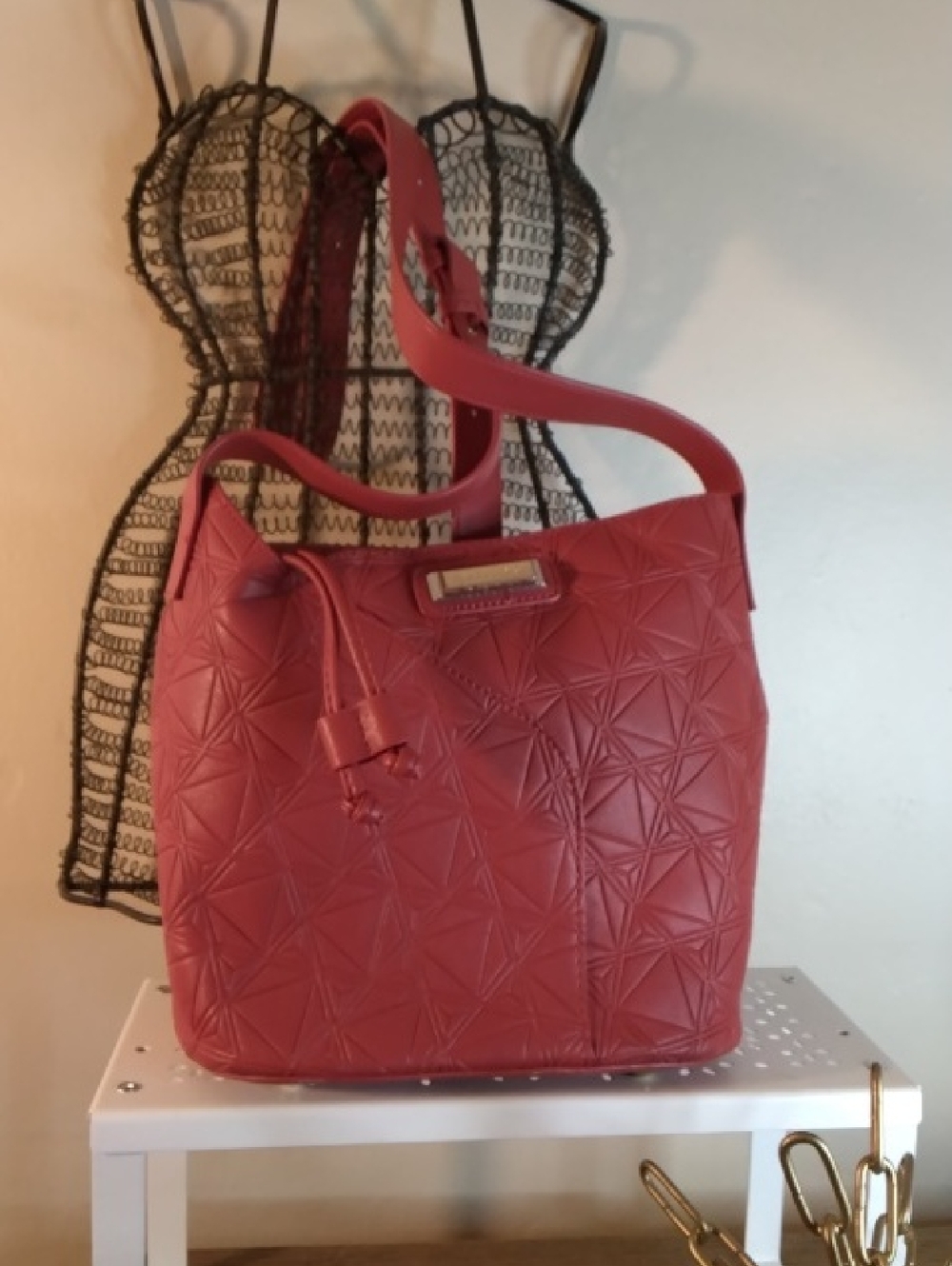 Women's Red Embossed Leather Bucket Shoulder Bag